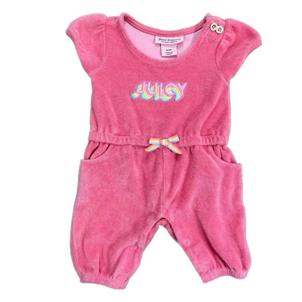 Juicy Couture Baby Girl Pink Terry Romper with Bow and Ruffle Size 3M